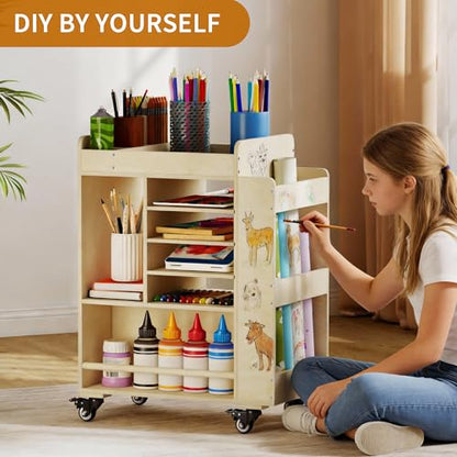 Art Cart Rolling Wood, Arts and Crafts Supply Organizer with Bookshelf | Multi-Functional Art Organizer Cabinet, Diy Utility Cart Small Art Supply Storage for Classroom Kindergartens Office Bedroom