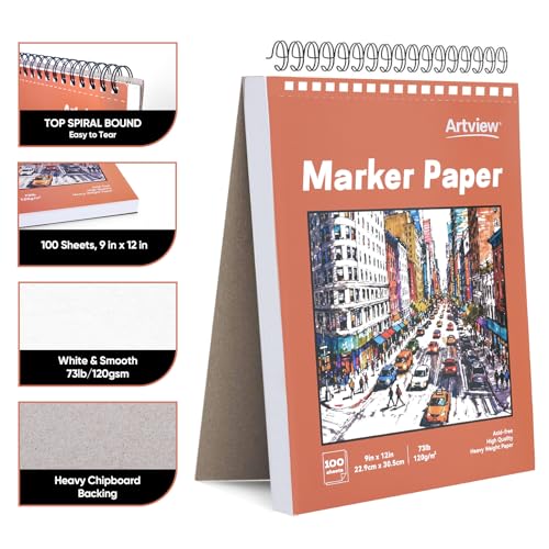 Artview 9" x 12" Marker Paper Pad, 100 Sheets, 73 lb/120 GSM Heavyweight Spiral Marker Paper, Bleed-Resistant for Alcohol Markers, Dual-Sided Drawing & Painting for Adults and Kids