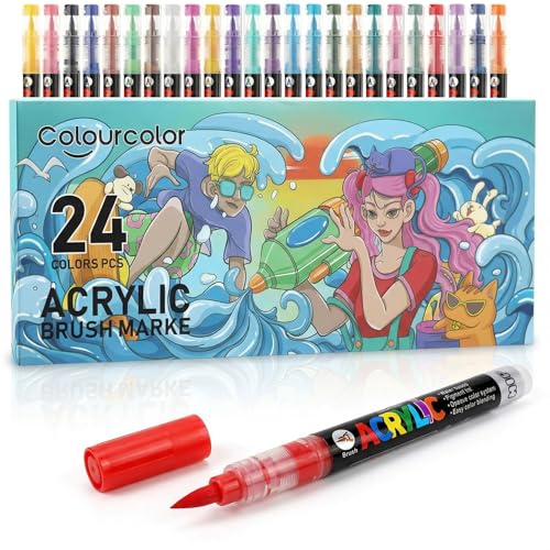 Colourcolor 24 Colors Acrylic Paint Pens, Non-Bleeding Brush Tip Markers Pens for Glass, Canvas, Stone, Rock Painting, Wood, Ceramic Surfaces, DIY Crafts Making Art Supplies - color: 24 Colors