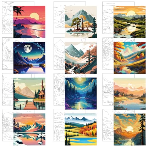 Affrolling 12 Pcs Pre Drawn Canvas for Painting for Adults 8 x 8 Inch Canvas Painting Kits Stretched with Drawing Ready to Paint Beginner Artists Date Night Party Supplies(Scenery) - style: Scenery