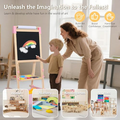 Kinder King Adjustable Wooden Kids Art Easel, Art Supplies, Storage (Pink) - color: Pink