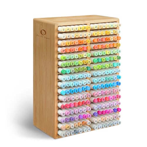 Ohuhu Bamboo Marker Organizer Hold 224 Markers for Honolulu Oahu Series | Markers Pens Pencils Stationary Organizer Holder Desktop Storage with 32 Compartments for Classroom Office Decor Home - style: Rounded Corner Hold 224 Markers