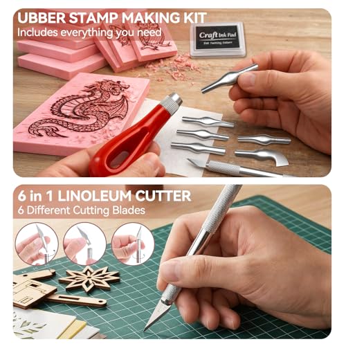 WAYCOM Linocut Kit for Beginners - 4x6 Soft Rubber Carving Block with Linoleum Cutter, Hobby Knife, Ink Pad & Pencil - Stamp Making & Block Printing Starter Set, DIY Craft Gift for Adults & Teens - color: Pale Pink-1 Rubber Block