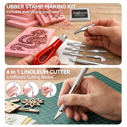 WAYCOM Linocut Kit for Beginners - 4x6 Soft Rubber Carving Block with Linoleum Cutter, Hobby Knife, Ink Pad & Pencil - Stamp Making & Block Printing Starter Set, DIY Craft Gift for Adults & Teens - color: Pale Pink-1 Rubber Block