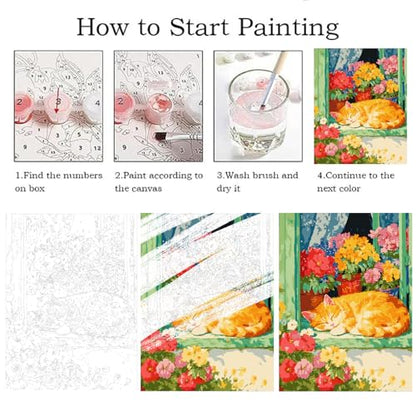 Paint by Numbers Kit for Adults Beginner,Cat Sleeping Flowers,16x20 | Full set with wooden brushes,rolled canvas,rich paints.Calming activity.Beginner friendly.Just open and paint. - color: 16"X20"Rolled Canvas(Frameless)-Cat 4