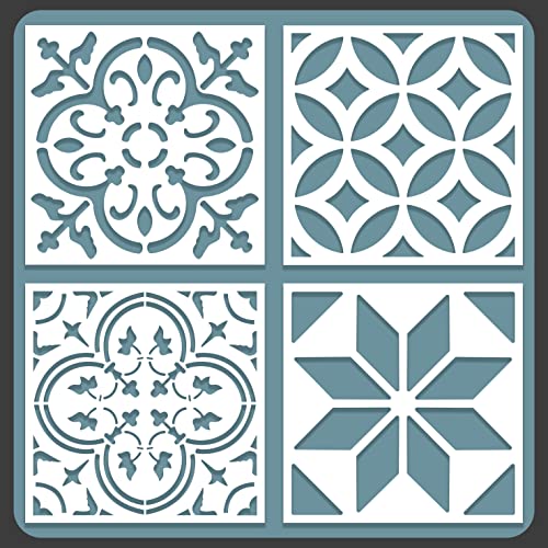 STENCILOGY® / 4 pcs. 8 x 8 Inches/Tile Stencil Set, Reusable Tile Stencils Set for Painting, Furniture, Floor/Household Paint Wall Stencils (8x8 inches) - size: 8x8 inches