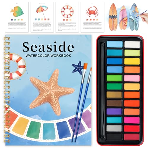 Watercolor Workbook - Coloring Book Beginner Friendly Painting Kit, Watercolor Workbooks for Adults with 24 Colors Paint, Exploration Gift for Adults Teens (Seaside) - color: Seaside