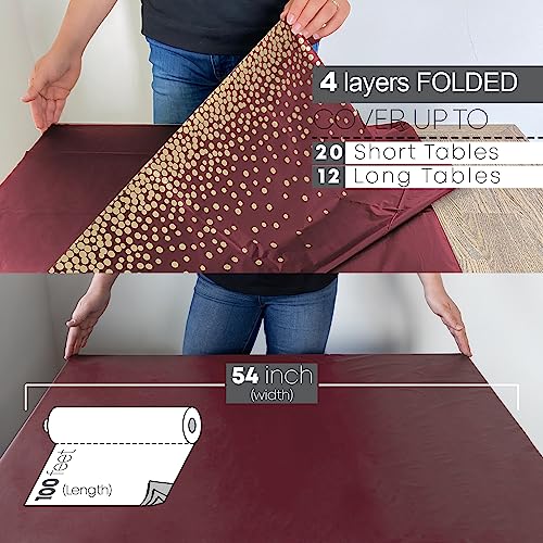 Neatiffy Disposable Plastic Table Cloth Roll with Slide Cutter | Waterproof Cover for Rectangle, Square, Oval Tables | Picnic, Party, Banquet, Birthdays, Weddings - Burgundy Gold Dots - color: Burgundy Gold Dots, size: 54 inches X 100 feet