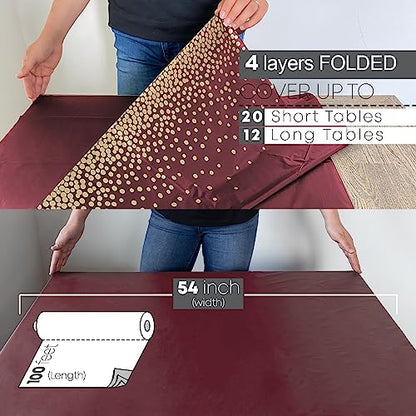 Neatiffy Disposable Plastic Table Cloth Roll with Slide Cutter | Waterproof Cover for Rectangle, Square, Oval Tables | Picnic, Party, Banquet, Birthdays, Weddings - Burgundy Gold Dots - color: Burgundy Gold Dots, size: 54 inches X 100 feet