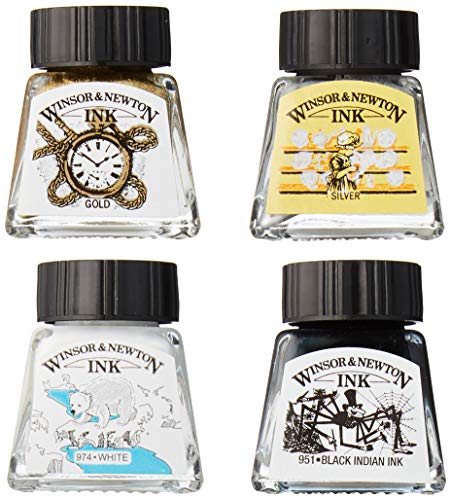 Winsor & Newton Drawing Ink Set, Set of 4, Black, White, Metallic Tones - style: Metallic Tones