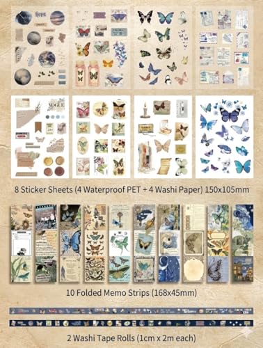 Vintage Scrapbook Journal Gift Set – Butterfly Garden Aesthetic Junk Journal Kit, 125 PCS Ephemera Pack with A6 Notebook, Stickers, Papers, Washi, Envelopes & Cards for DIY Art, Collage, Craft & Journaling (Butterfly)