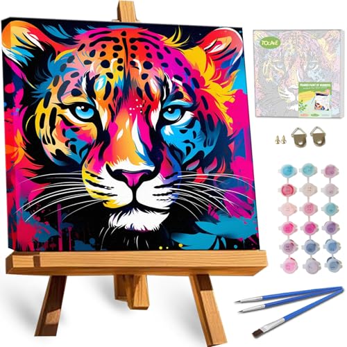TOCARE Framed Paint by Numbers Kit for Adults & Kids Ages 8-12, 12x12Inch Colorful Leopard Paint by Numbers with Frame, Leopard Paint by Number Framed Canvas for Animal Lovers (Without Easel) - color: TC-F-370
