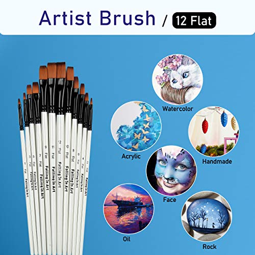 Falling in Art 12 PCS Professional Flat Paint Brushes Set | Artist Brushes for Watercolor, Oil Painting, Acrylic, Face Body Nail Art, Crafts, Rock Painting - size: 12 Pcs Flat Nylon