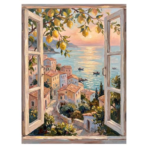 Lemon Tree Diamond Art Kits for Adults Beginners 12x16 IN, DIY Craft Gift | Window View Diamond Painting Kits for Adults, Stress Relief, Home Wall Decor, Seaside Town 5D Full Round Drill Gem Art - color: DP-US02