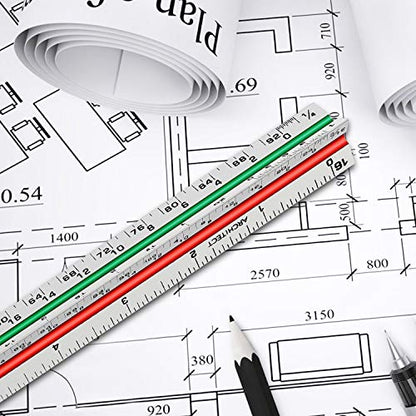 12" Architectural Scale Ruler Triangular Ruler, Color-Coded, 1 Pack | Aluminum Architect Scale Ruler for Architects, Draftsman, Students and Engineers - color: Tricolor