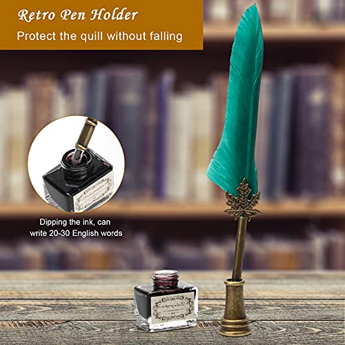 AHIER Quill Pen and Ink Set, Feather Pen Quill Pen Set Includes 5 Steel Replacement Nibs,Pen Nib Base and Dip Ink Bottle for Antique Calligraphy - color: Green
