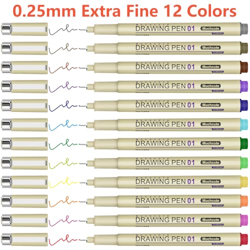 Muchcute 01 Micro Fineliner Drawing Art Pen,12 Colors 0.25mm No Bleed Bible | Waterproof Colored Fine liner Smooth Extra Fine Point, Journal Zentangle Study Supplies, Ultra Line Needle Tip Thin Gel Felt - color: 12 Colors 01(0.25mm)
