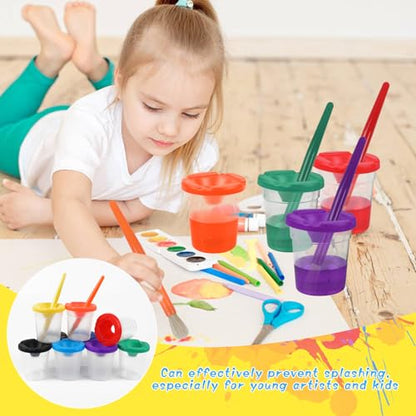 No Spill Paint Cups with Lids, 10 Pcs Spill Proof Painting Containers and 10 Round Paint Brushes Kids Art Craft Class Home Supplies 10 Colors