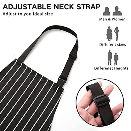BeLuyi Adjustable Bib Apron with 2 Pockets Chef Cooking Kitchen Restaurant Aprons for Women Men - color: Black Stripes