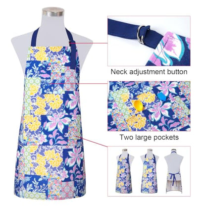 2 Pack Bid Aprons, Adjustable Kitchen Apron with 3 Pockets, Chef Works Apron. - color: Navy Flower