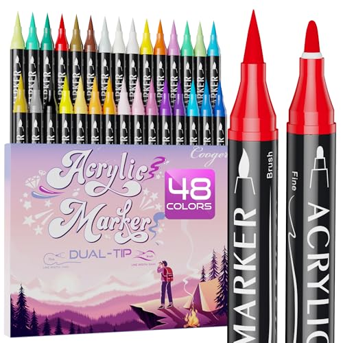 48 Colors Dual Tip Acrylic Paint Markers,Fine Tip and Brush Tip Permanent Acrylic Paint Pens For Rock Painting, Canvas, Wood, Glass, Ceramic, Fabric, Plastic, Egg, Scrapbook,Art Painting Supplies Kit - color: 48 Colors