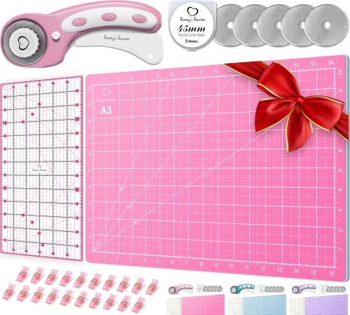 Rotary Cutter Set pink - Quilting Kit incl. 45mm Fabric Cutter, 5 Replacement Blades, A3 Cutting Mat, Acrylic Ruler and Craft Clips - Ideal for Crafting, Sewing, Patchworking, Crochet & Knitting y - color: Pink, size: A3 (18" x 12")