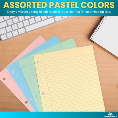 1InTheOffice Colored Notebook Paper 8.5x11, Wide Ruled, Lined Loose Leaf Paper, Pastel, 200/Pack
