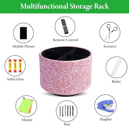Round Leather Art Supply Organizer,Remote Control Holder,360 Degree Spinning,Multi-Functional Pencil Holder,4 Compartments Desktop Stationary Organizer(1-Carved Pink) - color: 1-Carved Pink