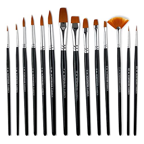 SCHPIRERR FARBEN - Paint Brushes for Canvas Painting, Acrylic, Gouache, Oil and Watercolor, Brushes with Synthetic Bristles, Paint Brush Set for Beginners and Seasoned Painters, Set of 14 - size: Mix14