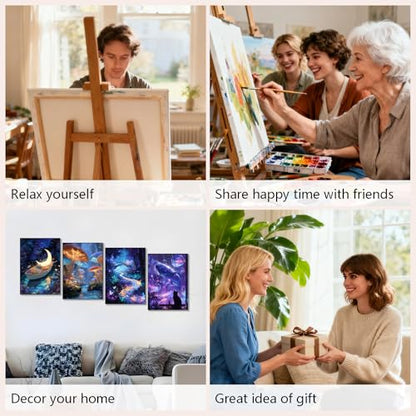 Muzagroo Art 4 Pcs Paint by Numbers Kits for Adults Framed Canvas with Wooden Easel DIY Beach Acrylic Oil Paintings Kits Paint by Numbers on Canvas Wall Art 8x12 inch (Magic Workd) - color: Magic Workd