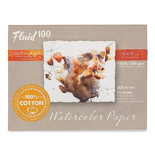 Fluid 100 Watercolor Paper Block, 6 x 8 inches, 15 Sheets. 140 lb (300 GSM) 100% Cotton Cold Press Pad for Artist Painting and Wet Media - size: 6 x 8 (140 lb)
