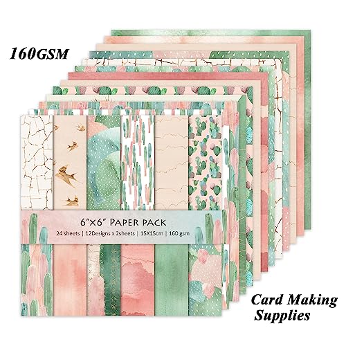 Scrapbook Paper, 24 Sheets 6"×6" 160gsm Single-Sided Patterned Cardstock - color: 24 sheets-cactus