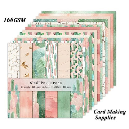 Scrapbook Paper, 24 Sheets 6"×6" 160gsm Single-Sided Patterned Cardstock - color: 24 sheets-cactus