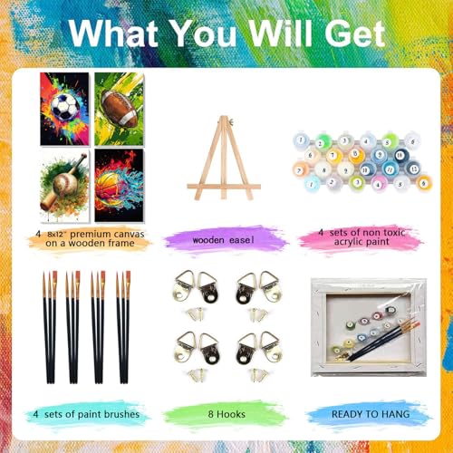 Ball Sports Paint by Numbers for Adults with Framed Canvas - Wooden Easel - color: BKH2202+BKH2203+BKH2204+BKH2205