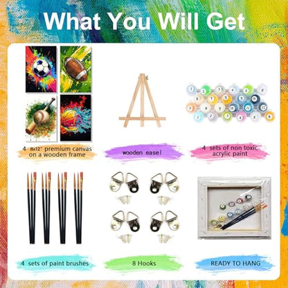 Ball Sports Paint by Numbers for Adults with Framed Canvas - Wooden Easel - color: BKH2202+BKH2203+BKH2204+BKH2205
