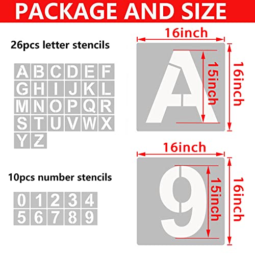 YEAJON 16 Inch Letter Stencils and Numbers, 36 Pcs Alphabet Art Craft Stencils, Reusable Plastic Templates for Wood, Wall, Fabric, Rock, Signage, DIY Art Projects - size: 16 Inch