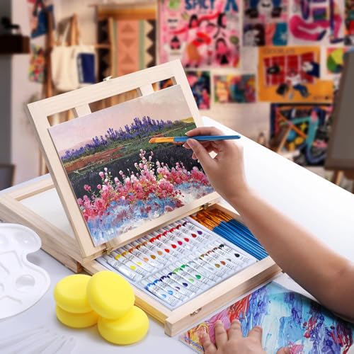 54 Pieces Complete Acrylic Paint Set with Portable Wooden Tabletop Easel | Starter Painting Kit with Tubes, Canvas Panels, Sketch Pads, Brushes, Palette for Beginners, Young Artists and Adults - color: Burlywood color