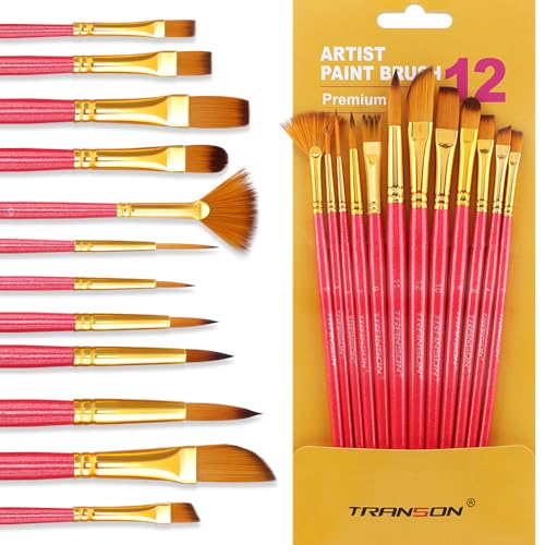 Transon Artist Paint Brush Set of 12 for Acrylic Watercolor Gouache Oil Craft Painting Red - color: 12 Pcs Red