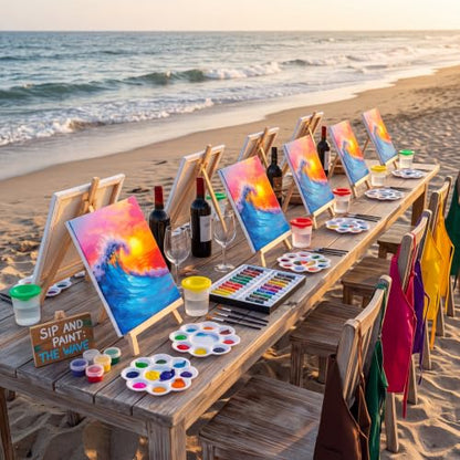 Cholemy 8 Set Paint and Sip Kit for Adults 8'' x 10'' Pre Drawn Canvas with Wooden Easels Acrylic Paint Brushes Wash Cup Palette Apron for Painting DIY Date Night Party Supplies(Sea Wave) - style: Sea Wave