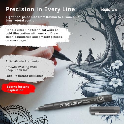 Liquidraw Drawing Pens - Set of 8 | Black Fineliner Pens with Brush Tip | Waterproof Ink for Artists, Architects & Students | For Technical Drawing, Sketching, Writing, Calligraphy & Illustration