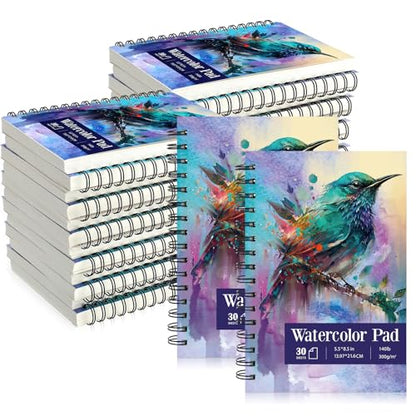 Jetec 12 Pcs 5.5 x 8.5 Inch Watercolor Paper Pad 140lb 300gsm Watercolor Pad Art Supply Acid Free Paper 30 Sheets Each Spiral Bound for Paint Pencil Ink Charcoal Pastel Acrylic Wet Dry Media Artist