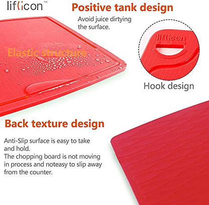 Liflicon Silicone Thick Cutting Boards Mats Set of 3pcs Foldable & Flexible Design Juice Grooves Easy Grip Handle Dishwasher Safe for Kitchen,BPA free Silicone Cutting Boards/Mats-Red - color: Red, size: S+M+L