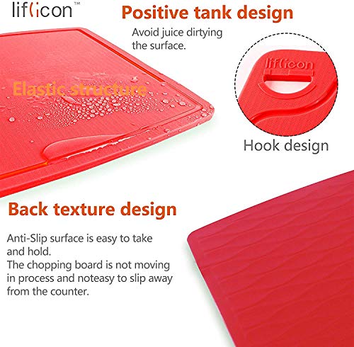 Liflicon Silicone Thick Cutting Boards Mats Set of 3pcs Foldable & Flexible Design Juice Grooves Easy Grip Handle Dishwasher Safe for Kitchen,BPA free Silicone Cutting Boards/Mats-Red - color: Red, size: 9.1"L x 7.1"W, 12.6"L x 9.1"W & 14.6"L x 10.4"W