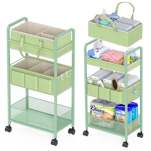 LIDTOP 2in1 Baby Diaper Caddy Organizer Cart, 3-Tier Rolling Cart, Metal Diaper Caddy Carts, Bedside Carts for Nursery Essentials Storage, Detachable Dividers, Large Capacity, Green - color: Green