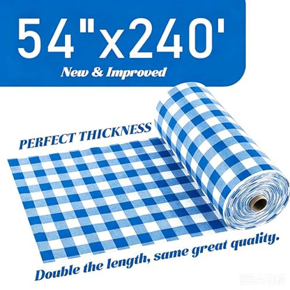 Disposable Blue & White Checkered Plastic Table Cover Roll 54in X 240ft - Heavy Duty Waterproof Tablecloth with Easy Slide Cutter for Parties, Picnics & Barbecues - color: Blue Checkered, size: 2880" x 54" (Rectangular)