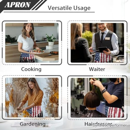 Waist Apron with 3 Pockets Waterproof 13 Inch Short Half Waist Aprons Women Men Server Aprons Waitress Waiter Apron - color: American Flag