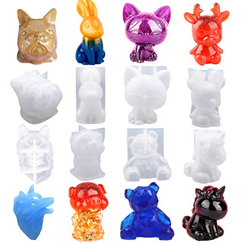 EuTengHao 20Pcs 3D Animal Resin Molds Tools Set Includes 8 Resin Casting Molds Large Clear Epoxy Silicone Molds 2 Measurement Cup 10 Wood Sticks for Resin Craft DIY