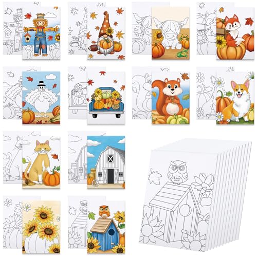 12 Packs Thanksgiving Pre Drawn Canvas to Paint, 5" X 7" Fall Pre Printed Canvas for Kids, Pre Stretched Canvas Outline Painting Boards for Beginners, Students, Party Favor - style: Fall
