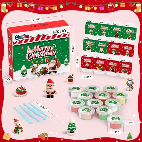 CyaJm 12 Christmas Air Dry Clay Kit, Individual Packs, Kids 3+ with Tools | Ultra-light, soft. Includes tools & guide. DIY holiday craft gift for kids ages 3+ - color: Christmas