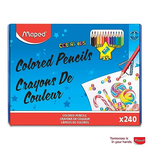 Maped - Color'Peps - Triangular colored pencils - 240 count | Bulk School Supply Pack - Includes 5 Free Sharpeners - Vibrant Art Creation - Ideal for Teachers and Classrooms - size: 240 Count (Pack of 1)